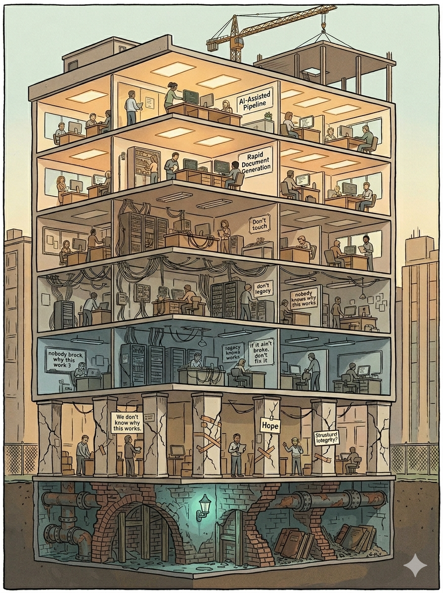 Cross-section of a building showing modern AI tools layered on top of deteriorating legacy infrastructure