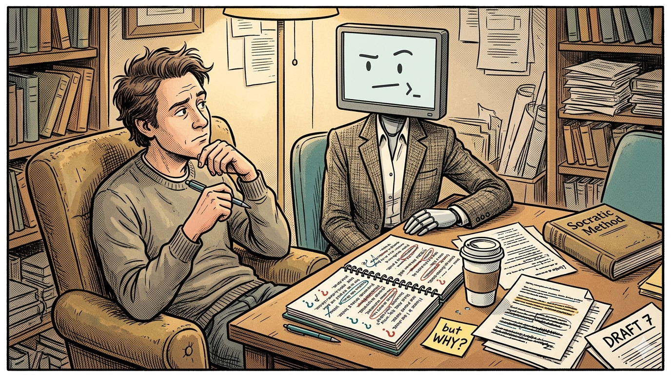 A person in deep thought sitting across from an AI represented as a retro computer monitor, papers and notebooks spread between them